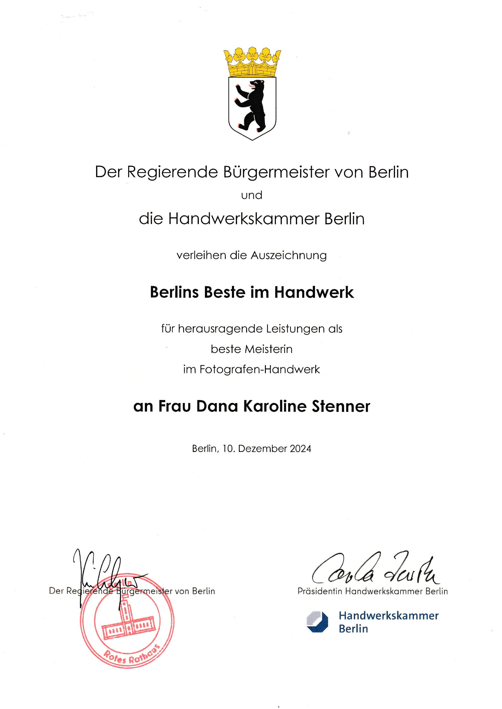 Urkunde Berlins Beste im Handwerk 2024